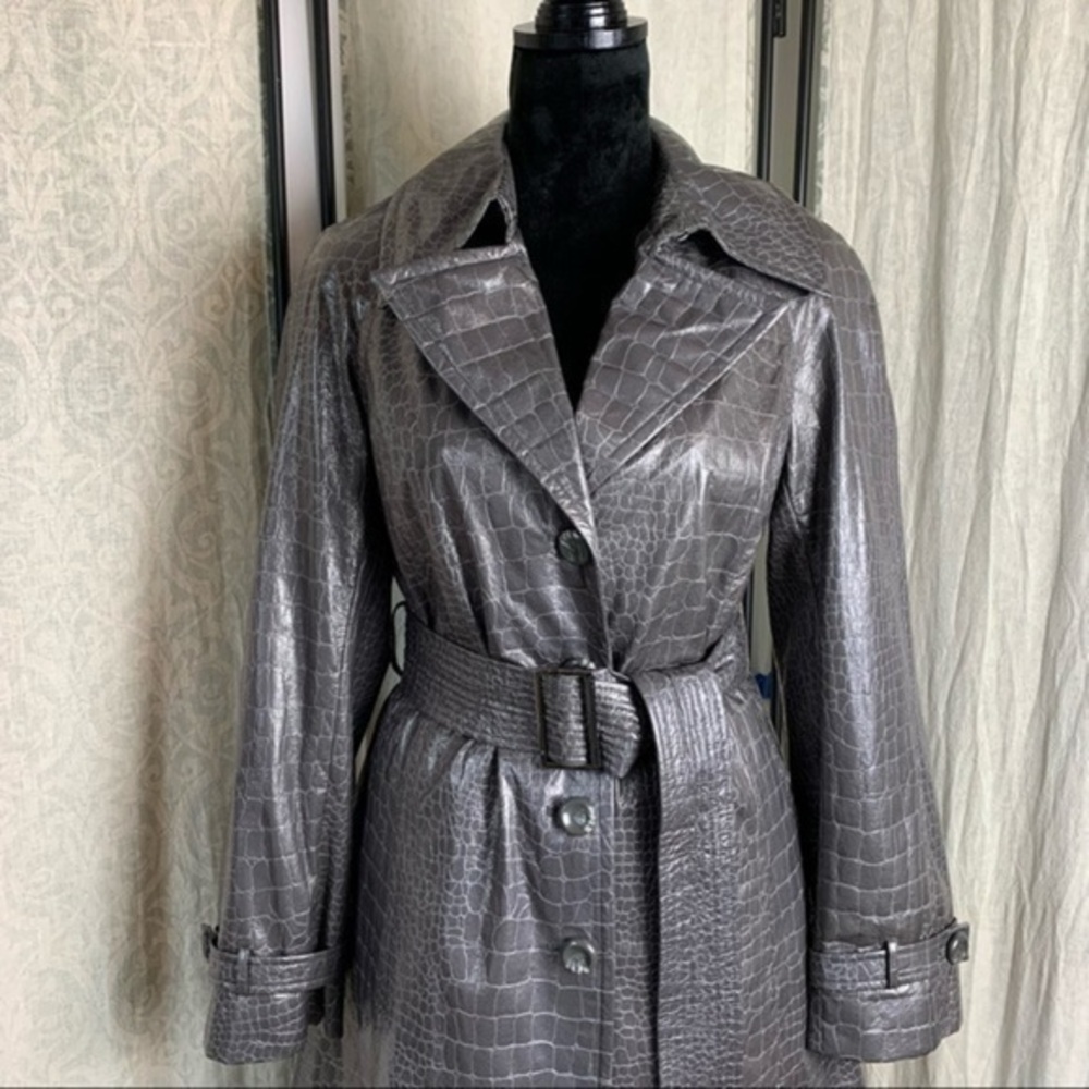 Hilary Radley Snakeskin Textured Grey Glossy MIDI Lined Trench Coat Petite Small